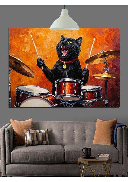 Kara Kedi Davul Çalıyor Müzik Dekoratif Kanvas - Mdf Ahşap Tablo fiyatları
