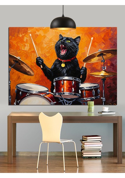 Kara Kedi Davul Çalıyor Müzik Dekoratif Kanvas - Mdf Ahşap Tablo modelleri