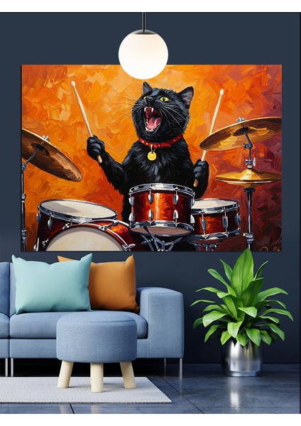 Kara Kedi Davul Çalıyor Müzik Dekoratif Kanvas - Mdf Ahşap Tablo fırsatları