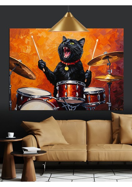 Kara Kedi Davul Çalıyor Müzik Dekoratif Kanvas - Mdf Ahşap Tablo indirimleri