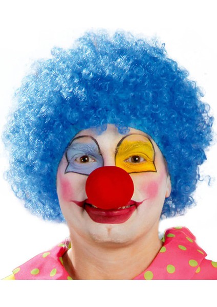 Mavi Renk Kıvırcık Afro Bonus Peruk Takma Saç ve Kırmızı Burun Seti (5067)