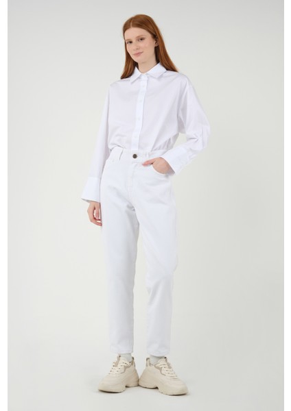 Yüksek Bel Balon Jean Beyaz