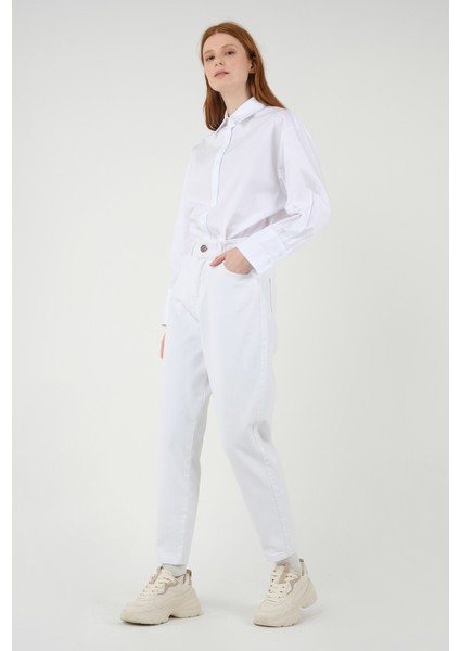 Yüksek Bel Balon Jean Beyaz