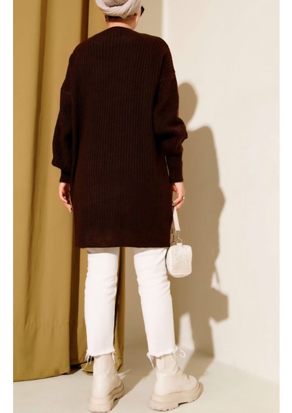 Kabartma Asimetrik Çizgili Uzun Kollu Triko Tunik