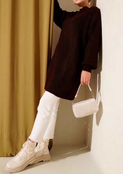 Kabartma Asimetrik Çizgili Uzun Kollu Triko Tunik fırsatları