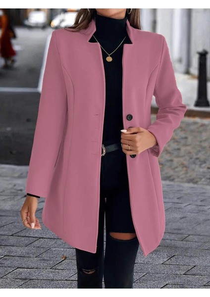 Mdb Kadın Uzun Kollu Kırlangıç Yaka Önden Düğmeli Kısa Kaşe Kaban