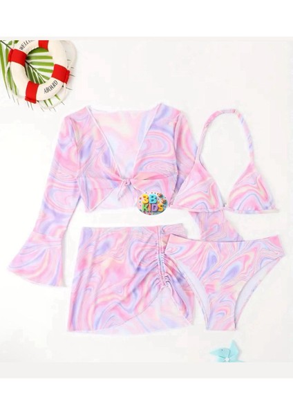 Mayoo Bikiniii Takımı Etek Büstiyer Renkli Pembe Renkli Genç Kız Çocuk Plaj Giyim