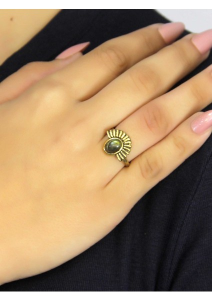 Doğal Taş Labradorit Doğal Taşlı Antik Model Kadın Ayarlanabillir Yüzük EUY82LBT