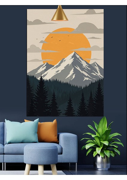 Japon Tarzı Güneş ve Fuji Dağı Dekoratif Kanvas - Mdf Ahşap Tablo