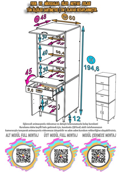 Ennet: 60X194.6X48 cm Fırın / Mikrodalga Dolabı 1 Çekmece, 4 Kapaklı. Mutfağınıza Yer Açın!