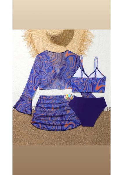 Mayo Bikini Takımı Etek Büstiyer Renkli Mavi Lacivert Renk Genç Kız Çocuk Plaj Giyim