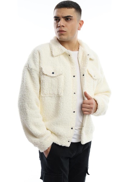 Erkek Oversize Çıt Çıt Kapamalı Cepli Ekru Peluş Ceket