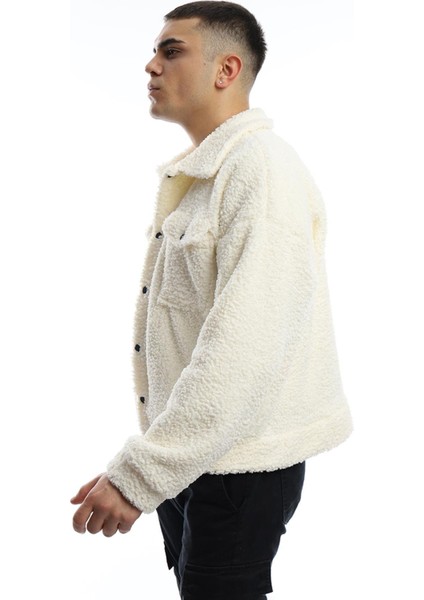 Erkek Oversize Çıt Çıt Kapamalı Cepli Ekru Peluş Ceket