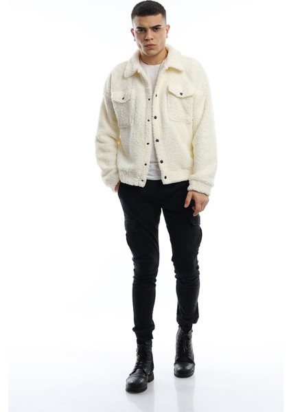 Erkek Oversize Çıt Çıt Kapamalı Cepli Ekru Peluş Ceket