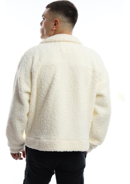 Erkek Oversize Çıt Çıt Kapamalı Cepli Ekru Peluş Ceket