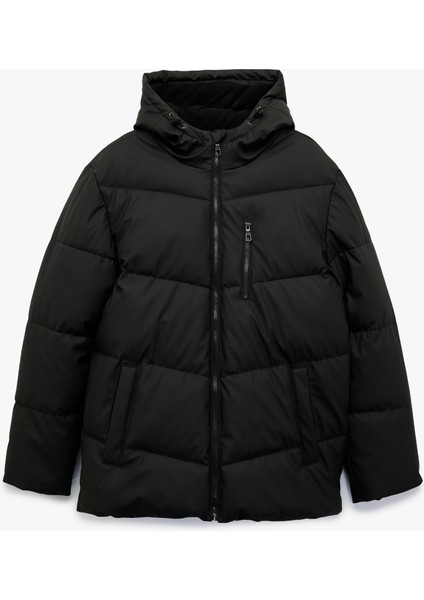 Kapüşonlu Uzun Kollu Fermuarlı Cep Detaylı Kışlık Şişme Mont