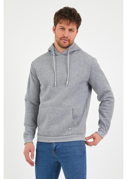 Erkek Kapüşonlu Kanguru Cep 3 İplik Sweatshirt Gri Melanj
