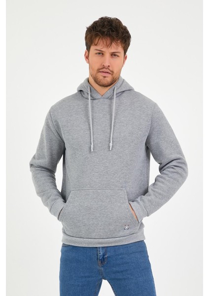 Erkek Kapüşonlu Kanguru Cep 3 İplik Sweatshirt Gri Melanj modelleri