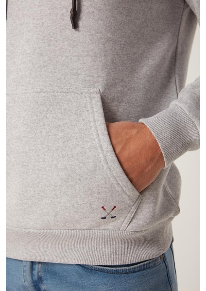 Erkek Kapüşonlu Kanguru Cep 3 İplik Sweatshirt Gri Melanj