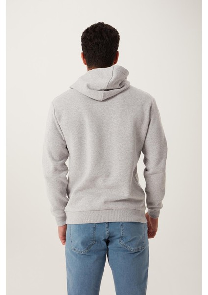 Erkek Kapüşonlu Kanguru Cep 3 İplik Sweatshirt Gri Melanj