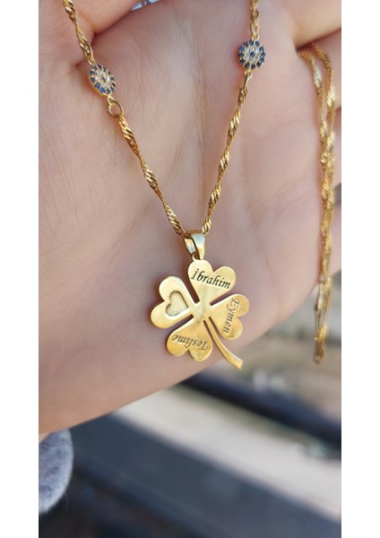 925 Ayar Gümüş 24 Ayar Altın Kaplama 2 Nazar Boncuklu Yonca Kolye