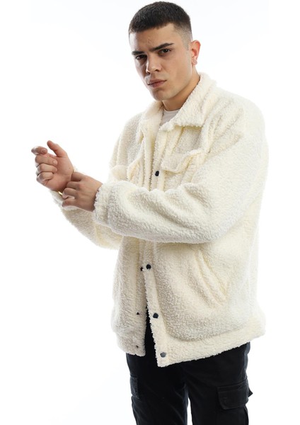 Erkek Oversize Çıt Çıt Kapamalı Cepli Ekru Peluş Ceket