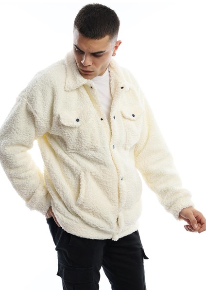 Erkek Oversize Çıt Çıt Kapamalı Cepli Ekru Peluş Ceket
