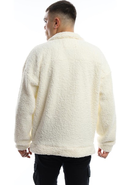 Erkek Oversize Çıt Çıt Kapamalı Cepli Ekru Peluş Ceket