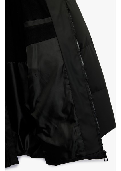 Kapüşonlu Uzun Kollu Fermuarlı Cep Detaylı Kışlık Şişme Mont fırsatları