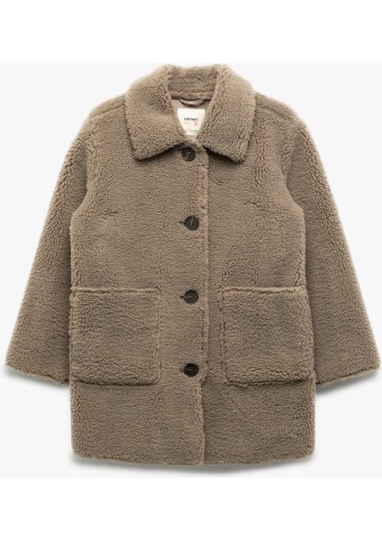 Uzun Kollu Cep Detaylı Düğmeli Gömlek Yaka Polar Kaban