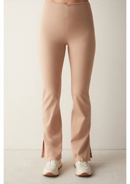 Bej Yüksek Bel Jean Görünümlü Flare İspanyol Paça Pantolon