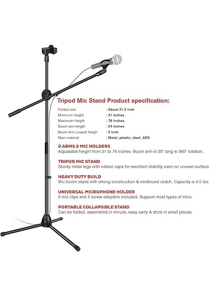 180CM Maksimum Uzunluk Mikrofon Standı Multi Fonksiyonel 2in1 Microphone Katlanabilir Açısı Ayarlanabilir Zemin Üstü - Model 103 indirimleri