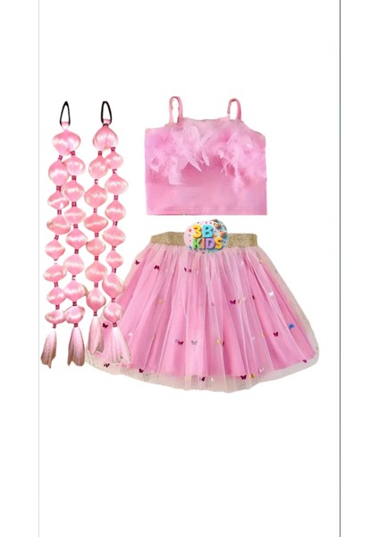 Pembe Tütü Etek Alt Pembe Tüylü Bluz Üst Pembe 2 Adet Bubble Saç 3lü Set Parti Düğün Davet