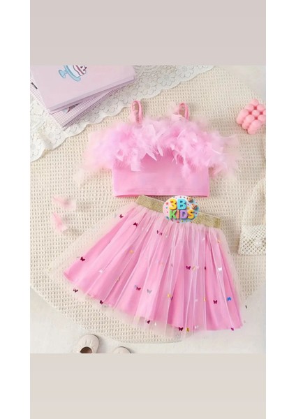 Pembe Tütü Etek Alt Pembe Tüylü Bluz Üst Pembe 2 Adet Bubble Saç 3lü Set Parti Düğün Davet modelleri