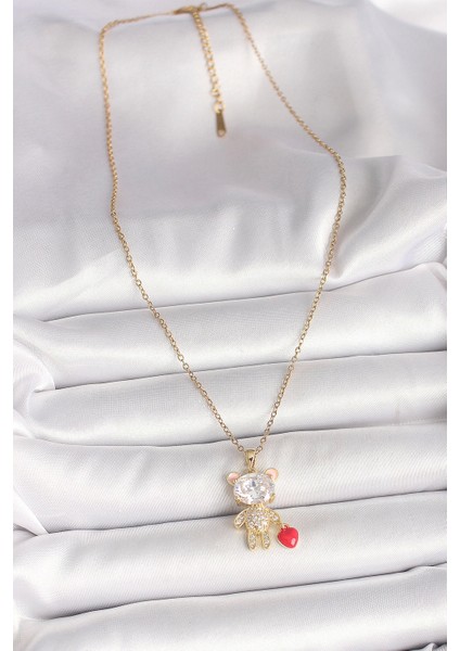 Bfs 316L Çelik Gold Renk Zincir Zirkon Taşlı Ayıcık Model Kırmızı Kalp Detay Kadın Kolye fiyatları