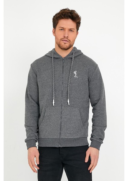 Erkek 3 İplik Pamuklu Regular Fit Nakışlı Fermuarlı Kapüşonlu Cepli Antrasit Sweatshirt fırsatları