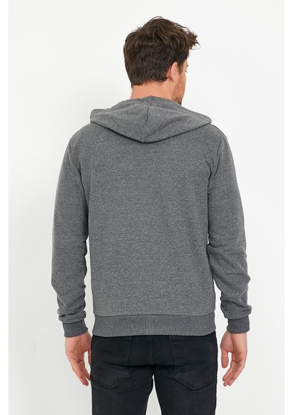 Erkek 3 İplik Pamuklu Regular Fit Nakışlı Fermuarlı Kapüşonlu Cepli Antrasit Sweatshirt indirimleri