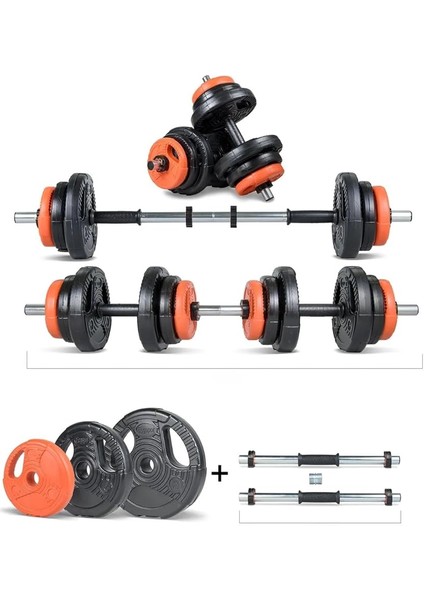 Spor Yıldız Serisi 22 kg Multifonksiyonel Turuncu Siyah Halter Seti ve Dambıl Seti