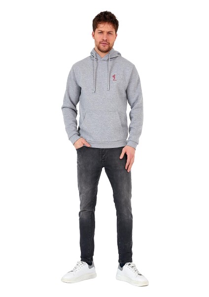 Erkek İskelet Nakışlı 3 İplik Kapüşonlu Sweatshirt Gri