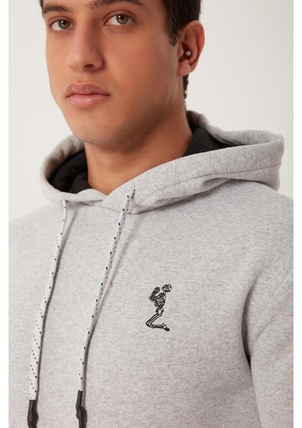 Erkek İskelet Nakışlı 3 İplik Kapüşonlu Sweatshirt Gri