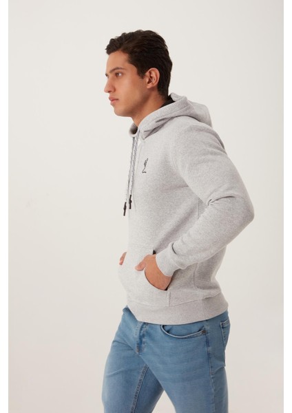 Erkek İskelet Nakışlı 3 İplik Kapüşonlu Sweatshirt Gri