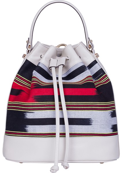 Kuz - Krem Deri ve Kalın Çizgi Desenli Sırt, Omuz ve El Çantası