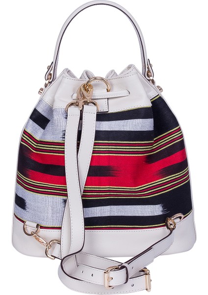 Kuz - Krem Deri ve Kalın Çizgi Desenli Sırt, Omuz ve El Çantası modelleri