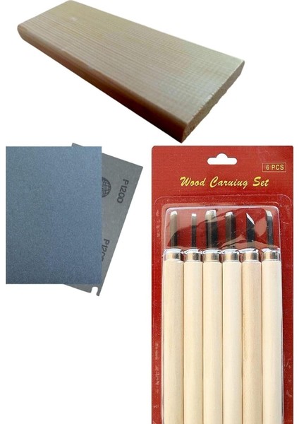 Seramik Hamuru Ahşap Oyma Başlangıç Seti, Hobi Heykel Ağaç Şekil Verme 6li Uç Takımı, 1 Çam Plaka, Zımpara.