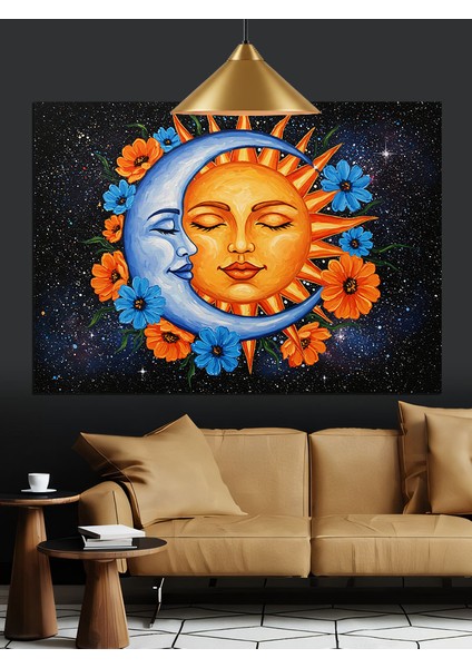 Güneş Ay Yüzlü Çiçekler Dekoratif Kanvas - Mdf Ahşap Tablo