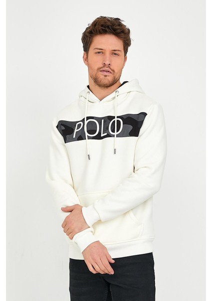 Erkek 3 İplik Pamuklu İçi Polarlı Regular Fit Nakışlı Kapüşonlu Kanguru Cepli Ekru Sweatshirt