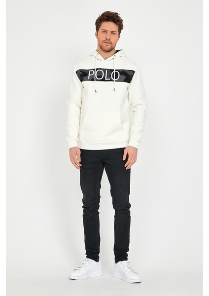Erkek 3 İplik Pamuklu İçi Polarlı Regular Fit Nakışlı Kapüşonlu Kanguru Cepli Ekru Sweatshirt fiyatları