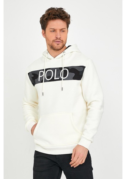 Erkek 3 İplik Pamuklu İçi Polarlı Regular Fit Nakışlı Kapüşonlu Kanguru Cepli Ekru Sweatshirt modelleri