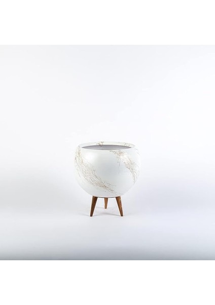 Ovni Büyük Boy Ahşap Ayaklı Gold Mermer Desenli Beyaz Tombul Saksı (Beyaz-Gümüş)