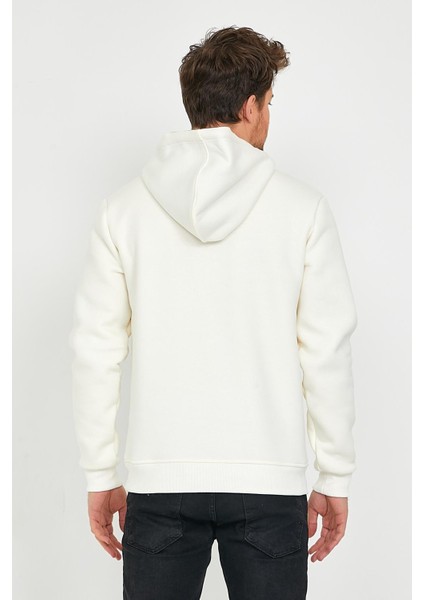 Erkek 3 İplik Pamuklu İçi Polarlı Regular Fit Nakışlı Kapüşonlu Kanguru Cepli Ekru Sweatshirt fırsatları